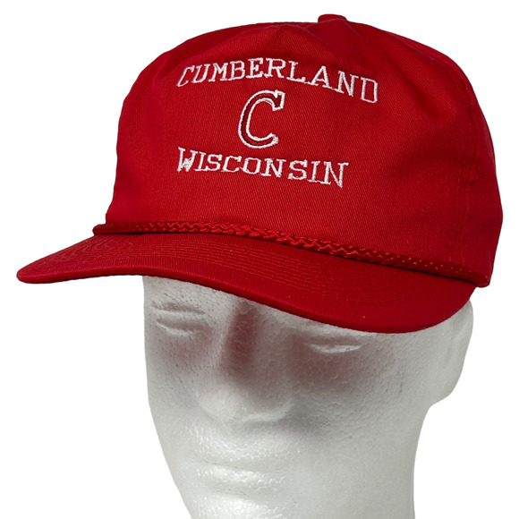 Vintage Cumberland Wisconsin Hat Cap Red 90s Snapback Rope Corded 5 Panel - Picture 1 of 9
